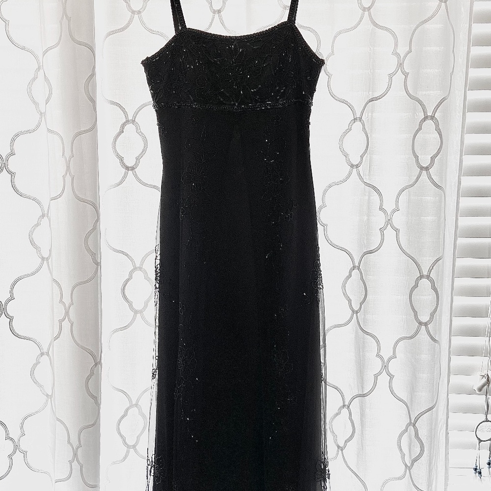 Black floor length gown with floral beading